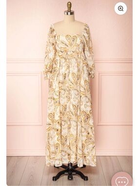 Boho Paisley Square-Neck Maxi Dress in Ivory and Gold